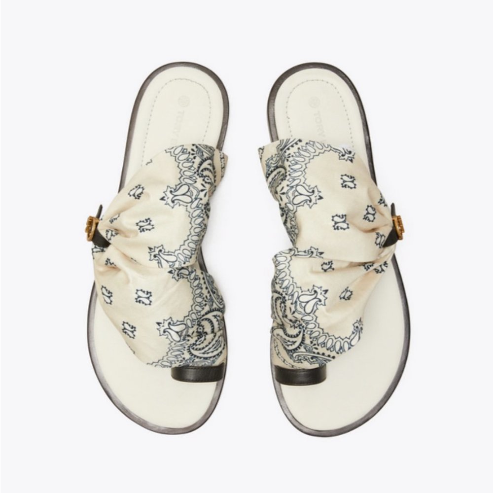 NEW Tory Burch Size 9 US Womens Selby Scarf Sandal Ivory Americana Bandana NWB - Picture 2 of 4